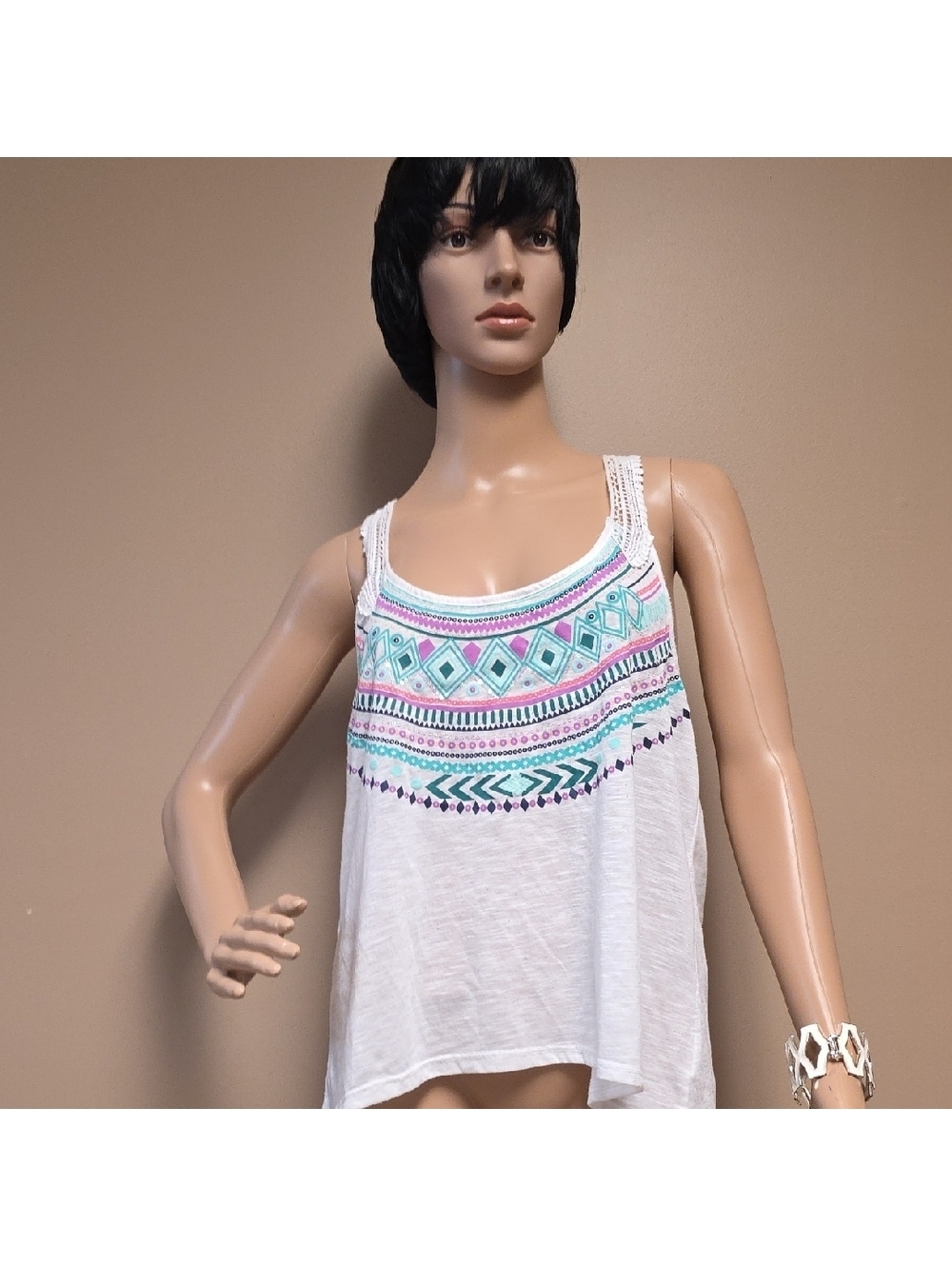 Selena Gomez White Tank Top with Colorful Geometric Design
